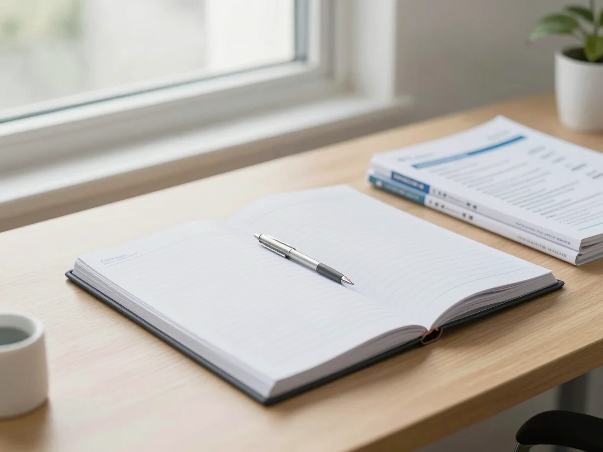 Consultation notebook and medical reference guides on a wooden de