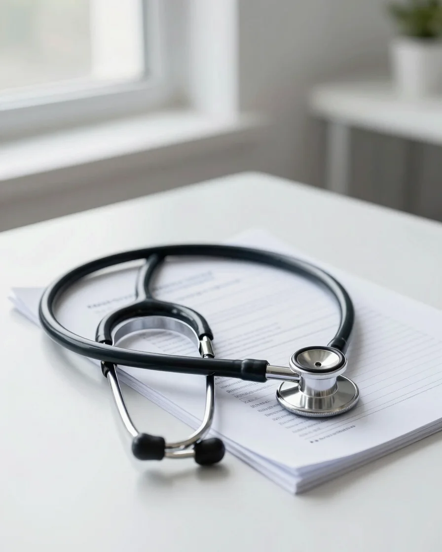 Stethoscope resting beside educational medical notes on a clean desk under soft natural window light, professional edito