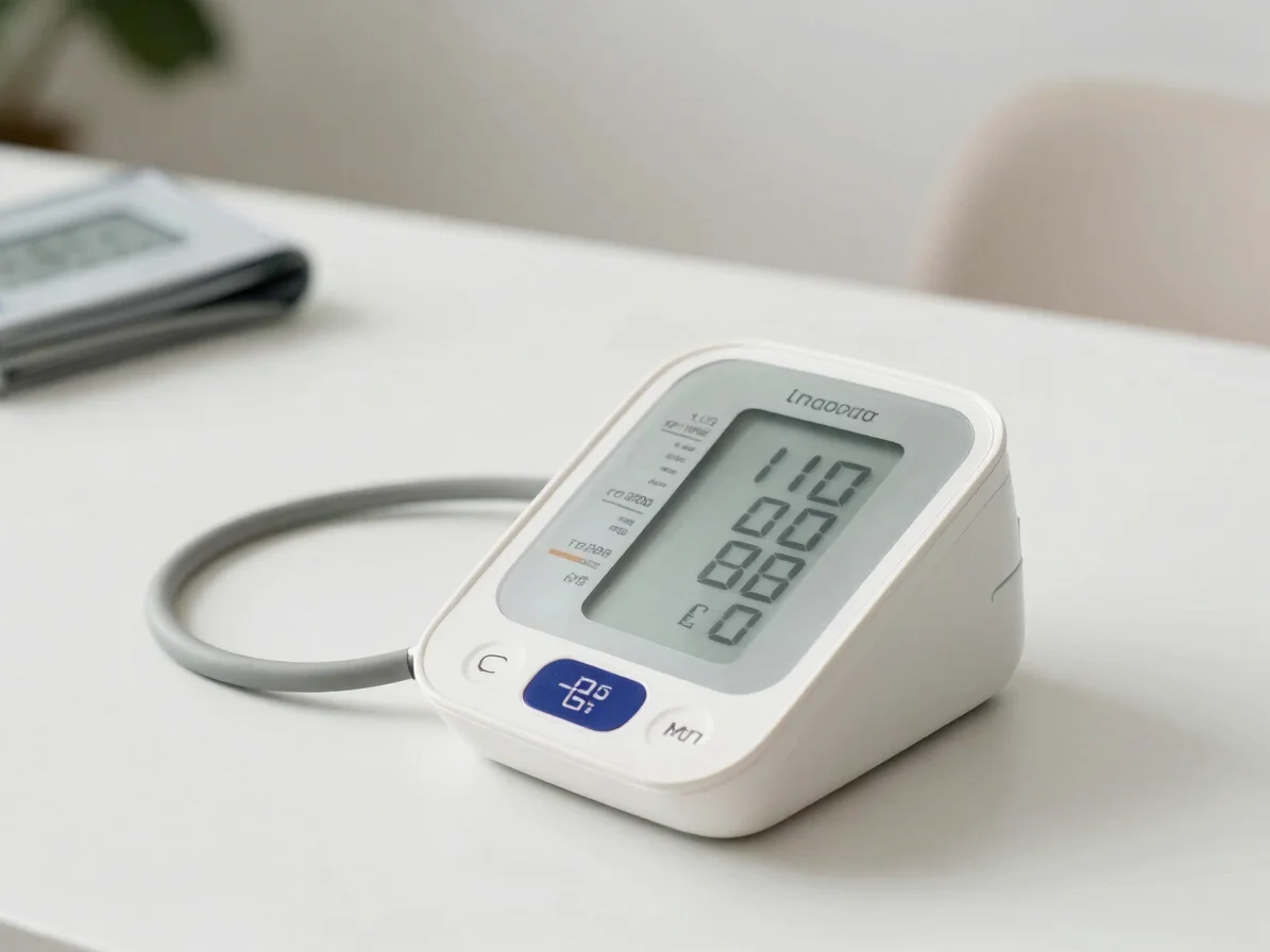 Digital blood pressure monitor on a clean white surface with soft